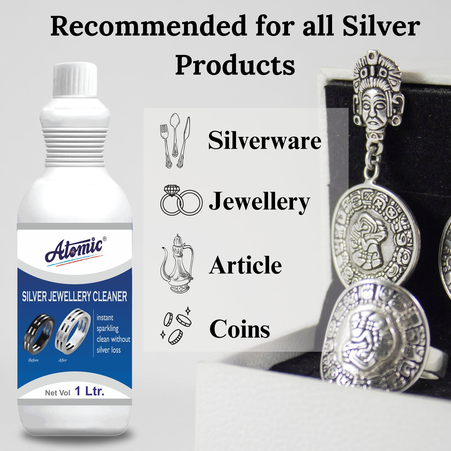 Atomic Silver Jewellery Cleaner 1 Litre – Instant Sparkling Clean Without Silver Loss