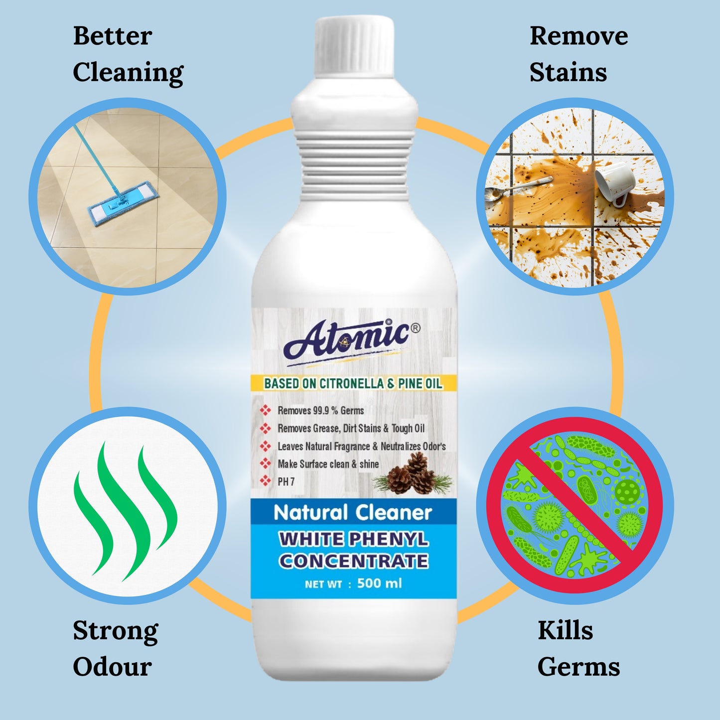 Atomic Natural White Phenyl Cleaner 500 ml – Fresh Floors, Powerful Germ Control