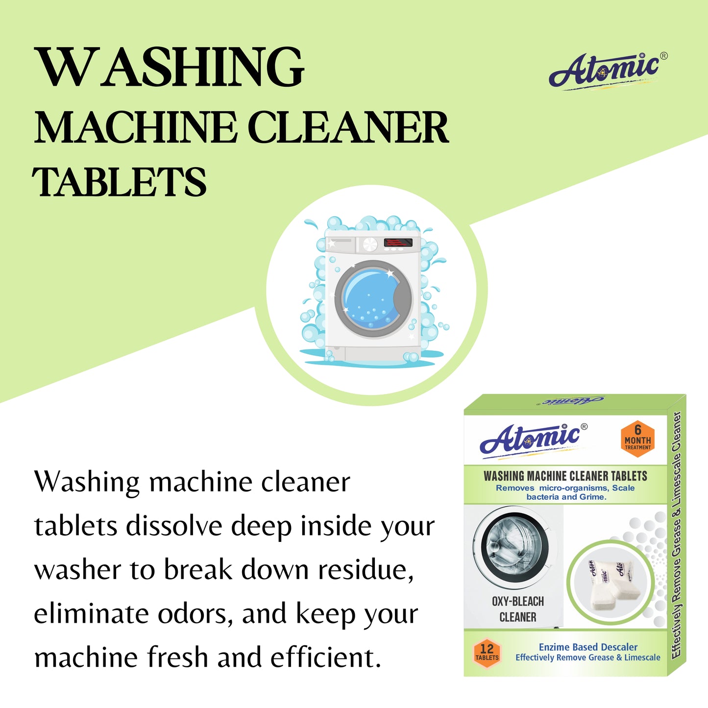 Atomic Washing Machine Cleaner Tablets (12 Count) – Deep Cleaning Oxy-Bleach & Enzyme Descaler