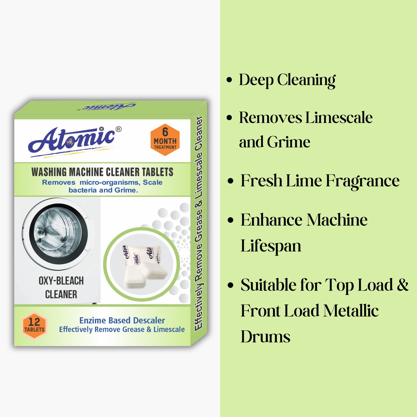 Atomic Washing Machine Cleaner Tablets (12 Count) – Deep Cleaning Oxy-Bleach & Enzyme Descaler