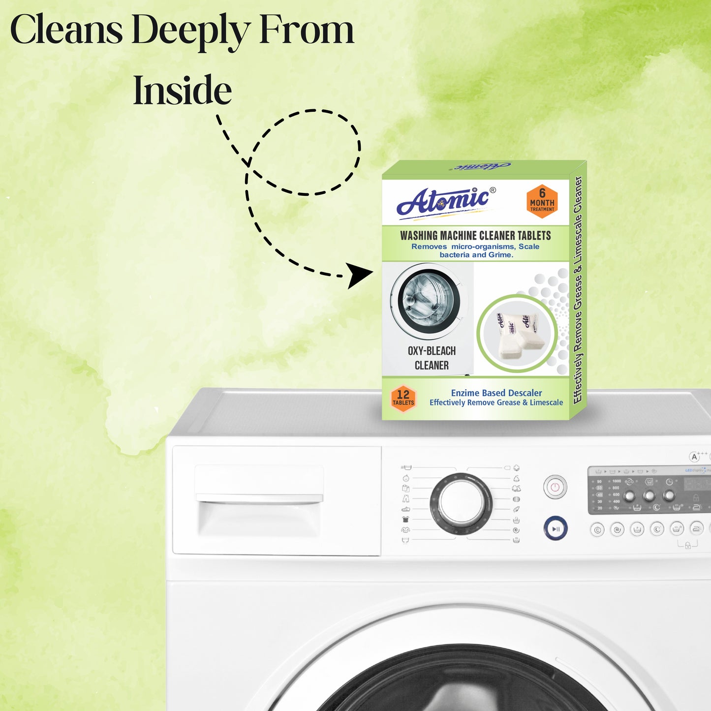 Atomic Washing Machine Cleaner Tablets (12 Count) – Deep Cleaning Oxy-Bleach & Enzyme Descaler