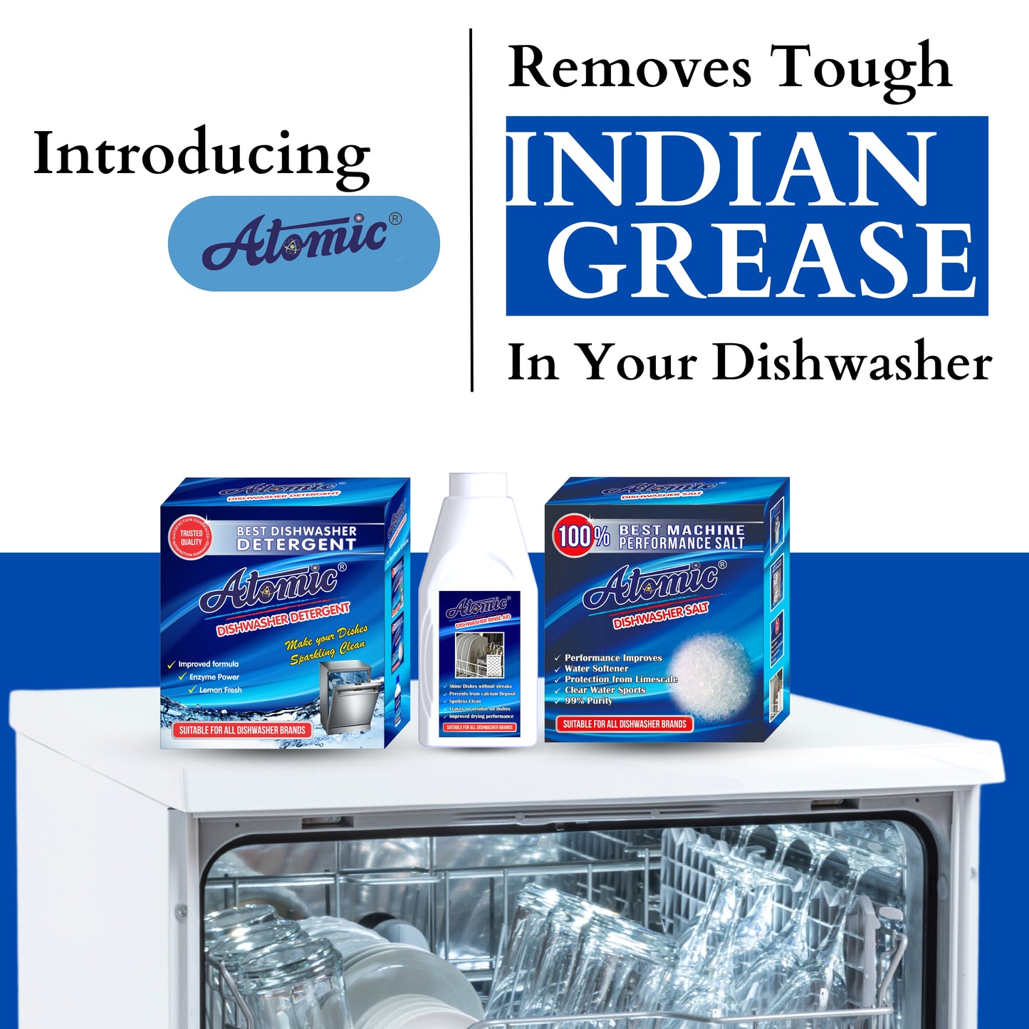 Atomic Complete Dishwasher Care Combo – Detergent, Rinse Aid & Performance Salt